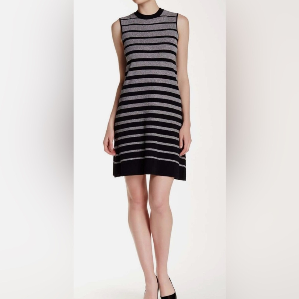 Eci Nee York Black Silver Metallic Sparkle Striped Knit Sleeveless Dress Sz M